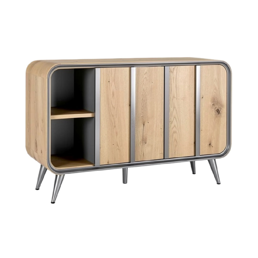 Stylowa komoda z drewna i metalu – nowoczesny design.
